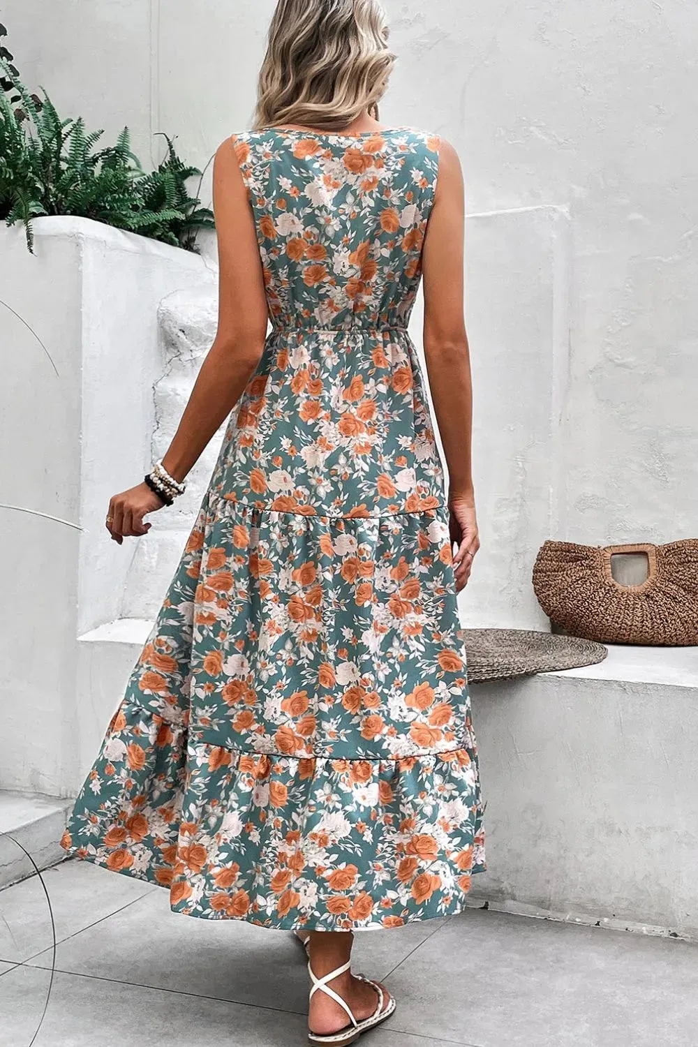 Floral Print Trimmed V Neck Tie Waist Sleeveless Dress sold by Charming Charlie product image thumbnail 2