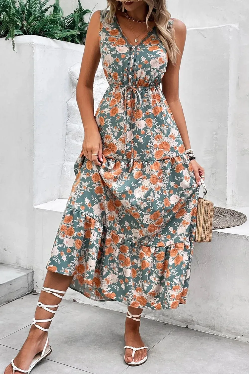 Floral Print Trimmed V Neck Tie Waist Sleeveless Dress sold by Charming Charlie product image thumbnail 5