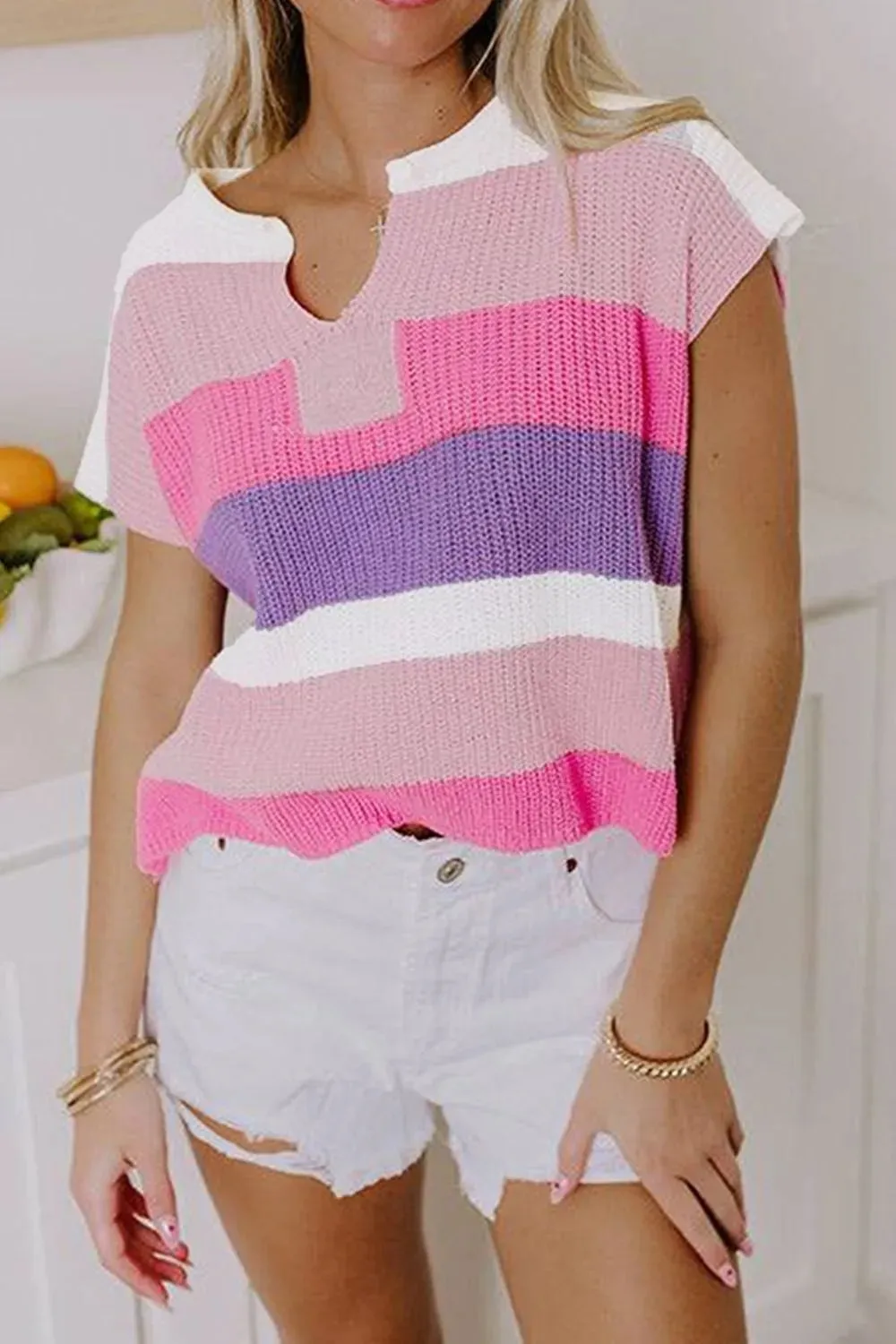 Color Block Notched Short Sleeve Knit Top sold by Charming Charlie product image thumbnail 4