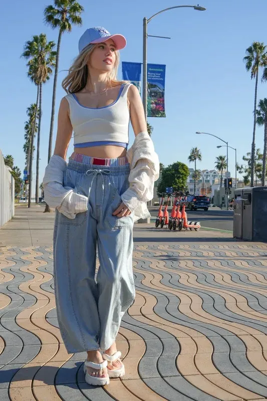 VERY J Washed Chambray Barrel Denim Pants sold by Charming Charlie