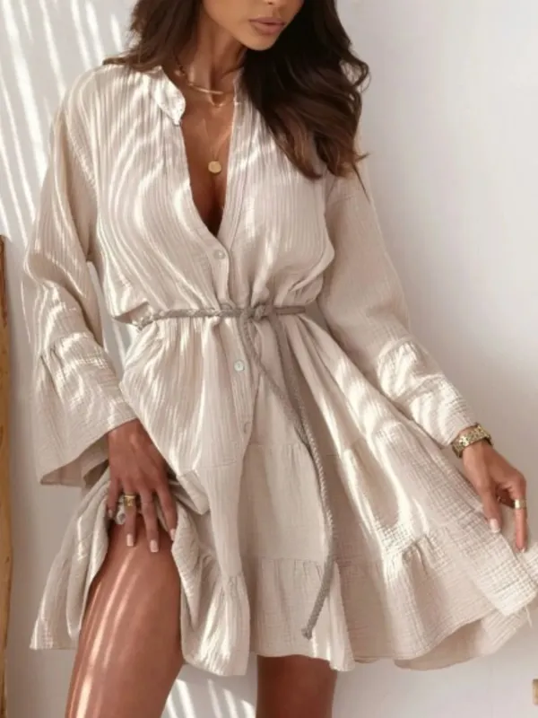 Button Detail Notched Long Sleeve Dress sold by Charming Charlie