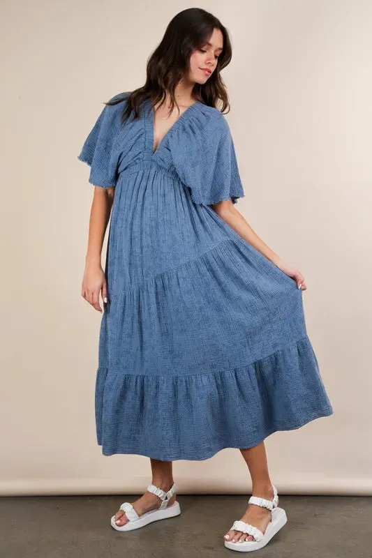 VERY J Mineral Washed Elastic Neck Detail Midi Dress made by Charming Charlie