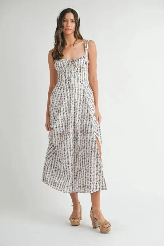 MABLE Floral Print Bustier Back Lace Up Midi Dress sold by Charming Charlie