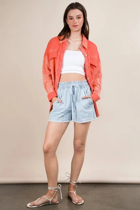 VERY J Mineral Washed Oversized Gauze Shacket sold by Charming Charlie