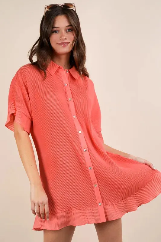 VERY J Pleated Detail Button Down Mini Dress sold by Charming Charlie