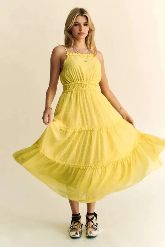 Davi & Dani Texture Swiss Dot Ruffle Square Neck Midi Dress sold by Charming Charlie