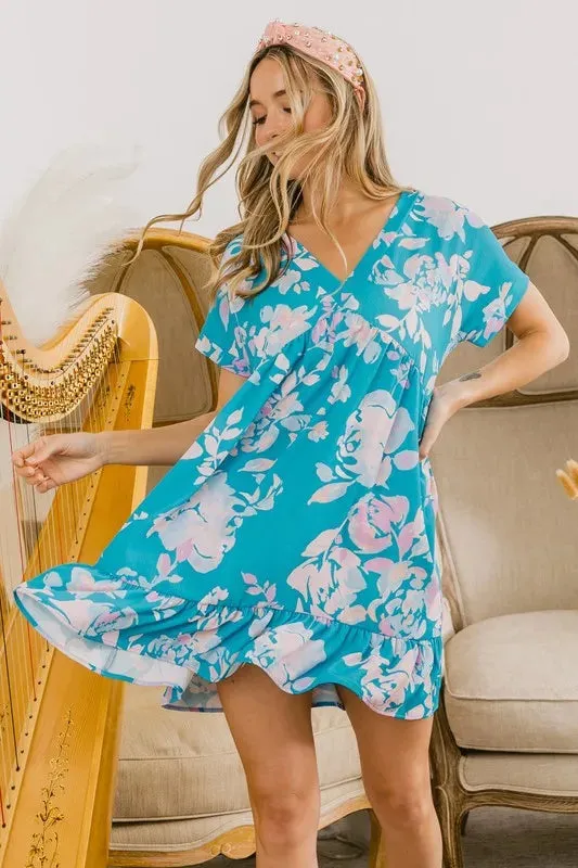 BiBi Floral Crinkle Shirred Ruffle Detail V Neck Dress sold by Charming Charlie