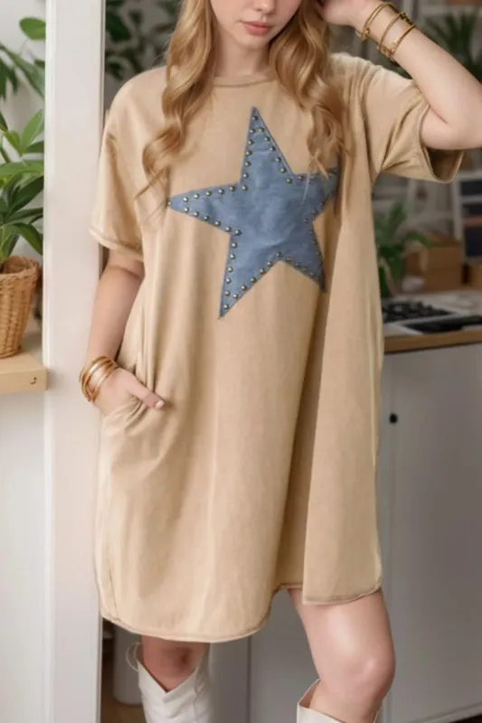 Mineral Wash Stud Beaded Star Pocketed T Shirt Dress sold by Charming Charlie