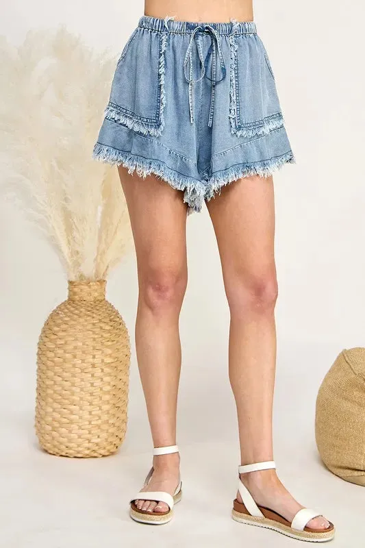 SAGE+FIG Frayed Drawstring Denim Shorts sold by Charming Charlie