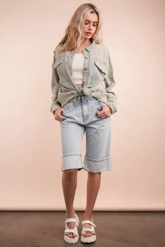 VERY J Mineral Washed Oversized Gauze Shacket sold by Charming Charlie