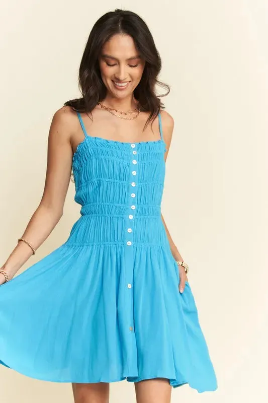Davi & Dani Smocking Bodice Sleeveless Button Down Mini Dress sold by Charming Charlie