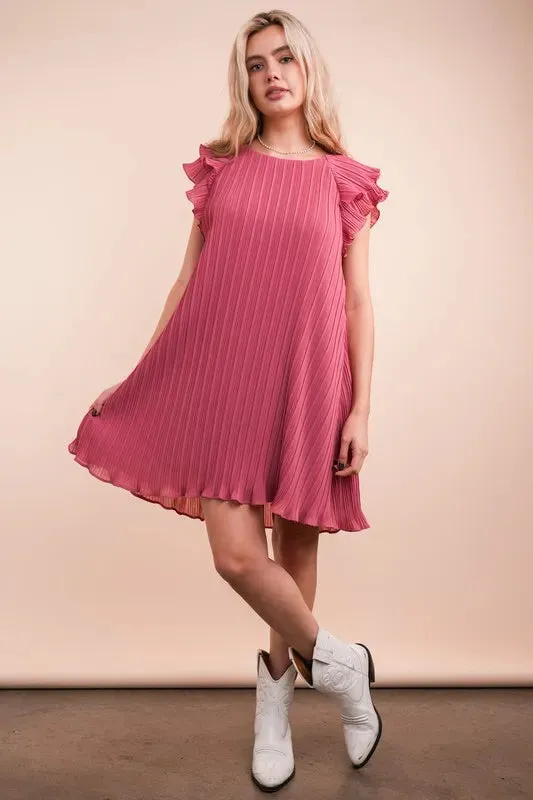 VERY J Plus Size Ruffle Sleeve Pleated Woven Mini Dress sold by Charming Charlie