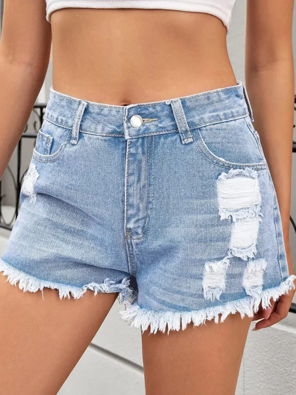 Distressed Raw Hem Denim Shorts sold by Charming Charlie