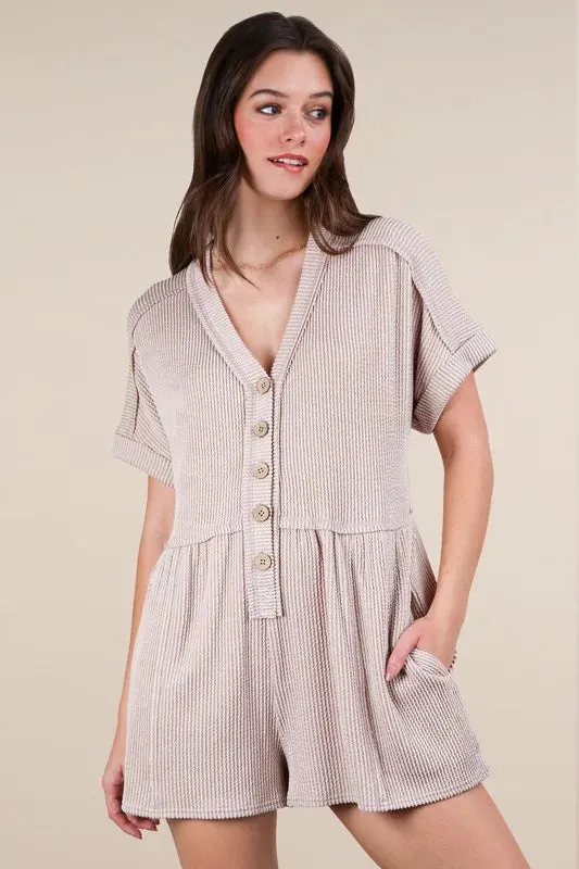 VERY J Two Tone Ribbed Knit Comfy Casual Romper made by Charming Charlie