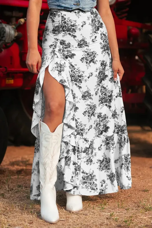 Boho Floral High Waist Ruffle Split Maxi Skirt sold by Charming Charlie