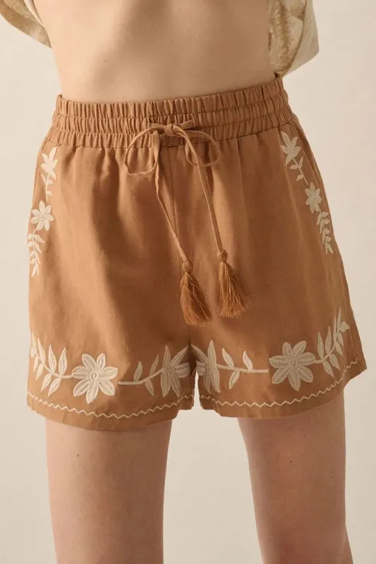 Embroidered Boho Tasseled Drawstring Elastic Waist Casual Shorts sold by Charming Charlie