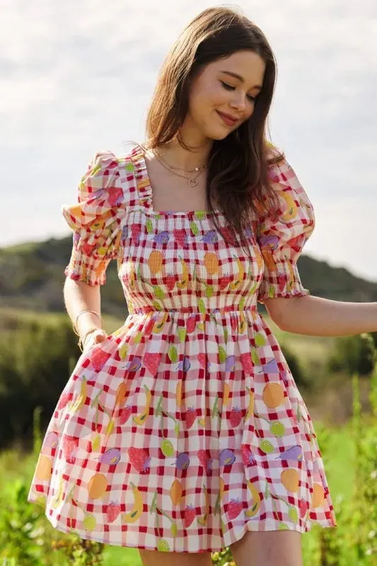 Davi & Dani Fruits Printed Smocking Mini Dress sold by Charming Charlie