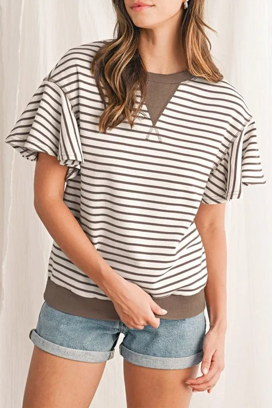Striped Ruffle Sleeve Round Neck Cotton Top sold by Charming Charlie
