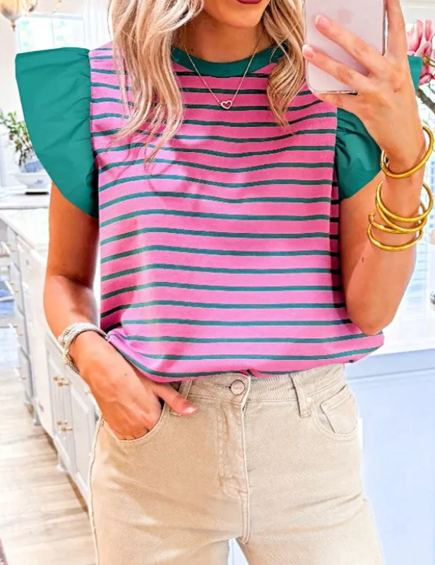 Pink Stripe Colorblock Ruffled Cotton Blouse Top sold by Charming Charlie