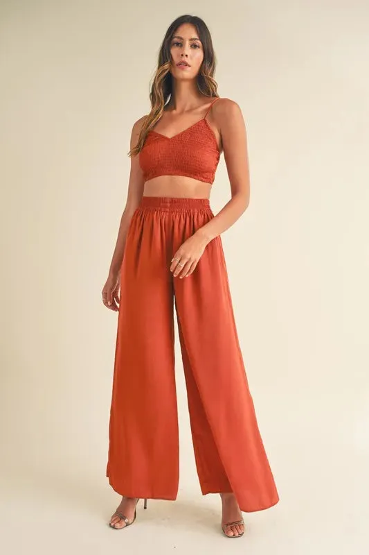 MABLE Smocked Bralette Crop Top and Wide Leg Pants Set sold by Charming Charlie