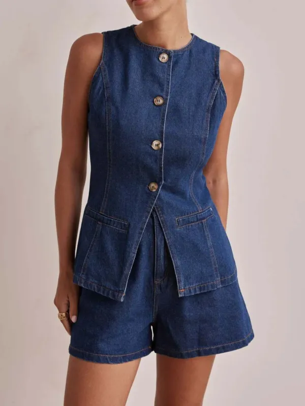 Button Down Vest and Shorts Denim Set sold by Charming Charlie