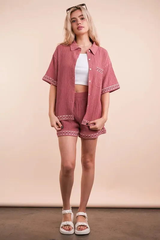 VERY J Crinkled Woven Shirt Top & Shorts Set sold by Charming Charlie
