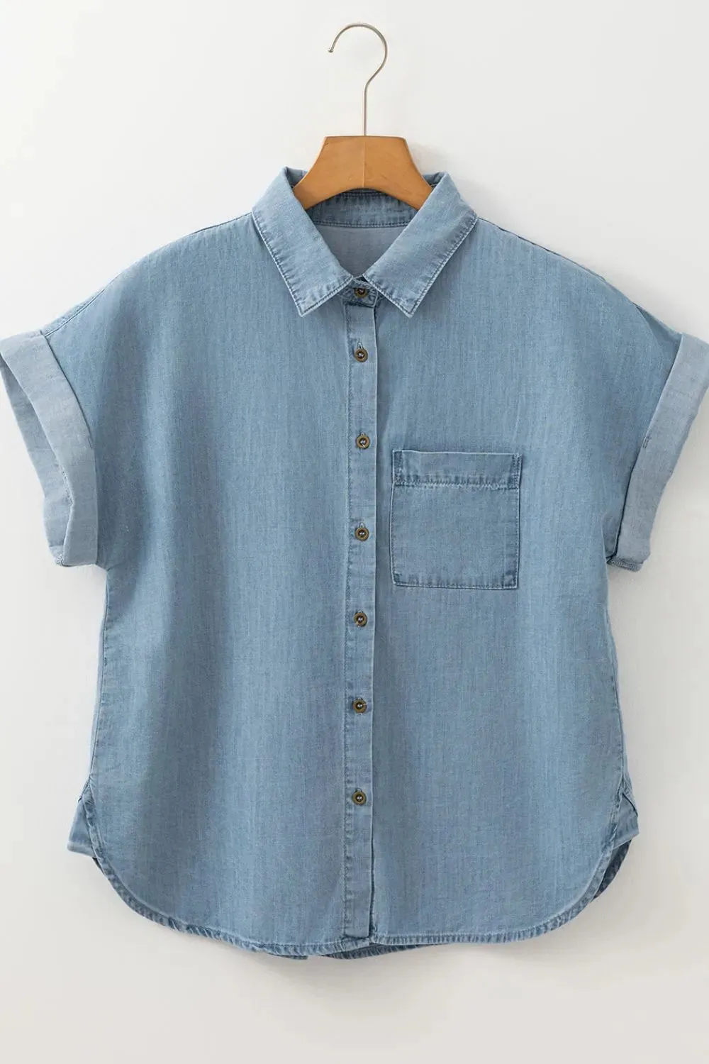 Folded Short Sleeve Patched Pocket Denim Shirt sold by Charming Charlie product image thumbnail 5