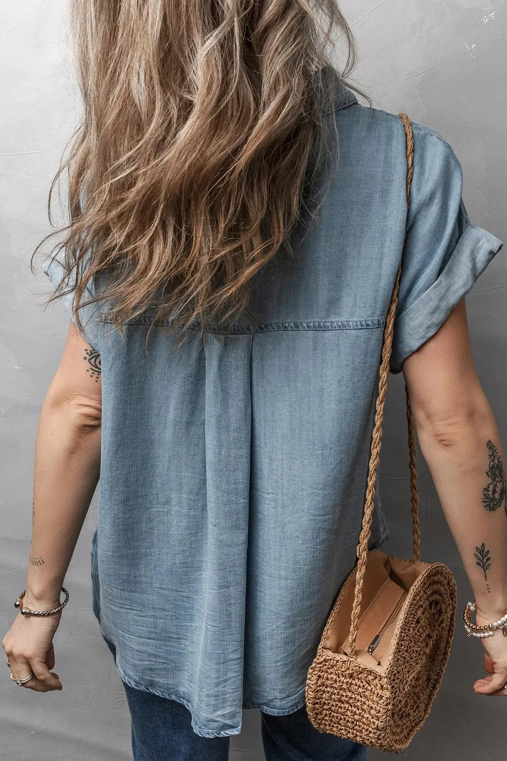 Folded Short Sleeve Patched Pocket Denim Shirt sold by Charming Charlie product image thumbnail 2
