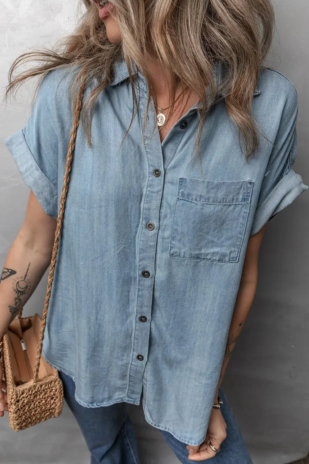Folded Short Sleeve Patched Pocket Denim Shirt sold by Charming Charlie product image thumbnail 4