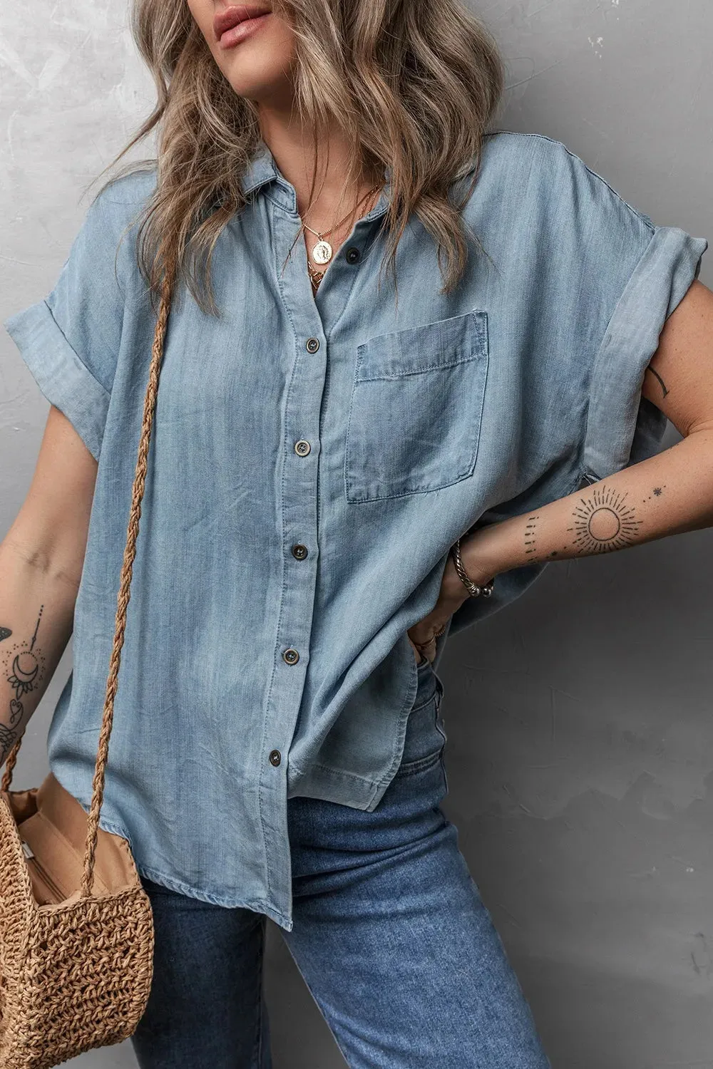 Folded Short Sleeve Patched Pocket Denim Shirt sold by Charming Charlie