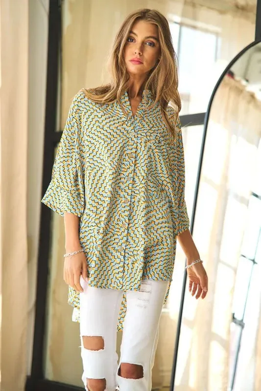 Davi & Dani Geo Printed Relaxed Fit Flowy Button Down Shirt sold by Charming Charlie