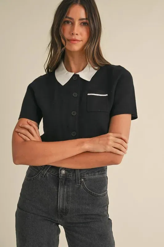 MABLE Button Down Contrast Collared Knit Cardigan sold by Charming Charlie