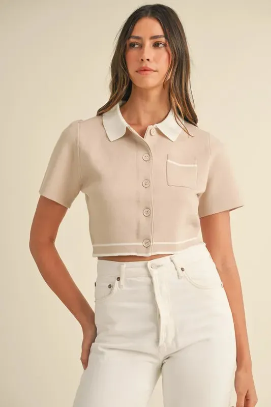 MABLE Button Down Contrast Collared Knit Cardigan sold by Charming Charlie