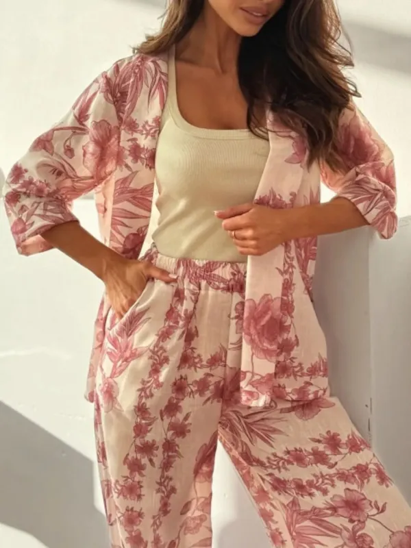 Printed Open Front Top and Pants Set sold by Charming Charlie