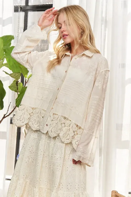 ADORA Crochet Lace Long Sleeves Button Down Shirt sold by Charming Charlie