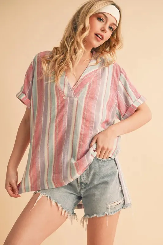 Aemi+Co Side Slit Striped Short Sleeve Blouse sold by Charming Charlie