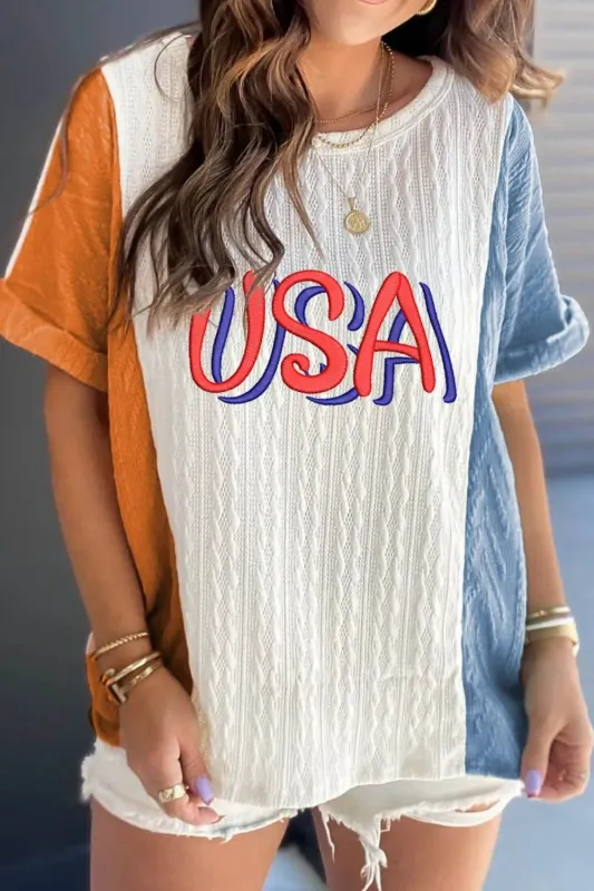 USA Embroidered Cable Textured Knit Cuffed Sleeve Color Block Tee sold by Charming Charlie