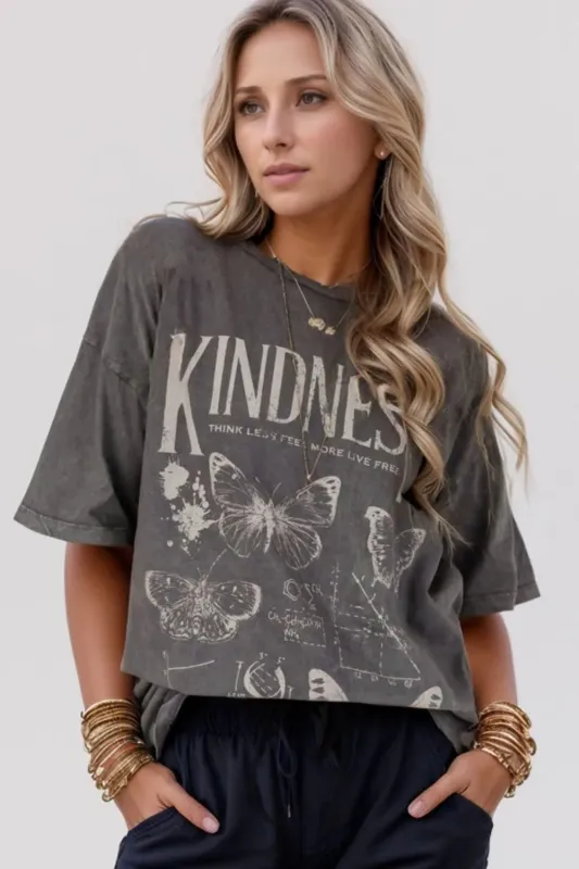 Kindness Butterflies Graphic Mineral Wash Loose Tee sold by Charming Charlie