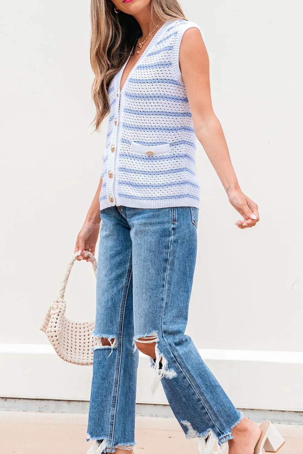 Stripe V Neck Gold Buttons Elegant Sweater Vest sold by Charming Charlie product image thumbnail 3