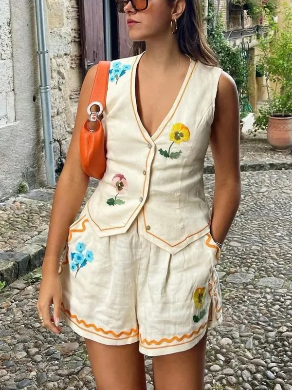 Embroidered V-Neck Vest and Shorts Set sold by Charming Charlie