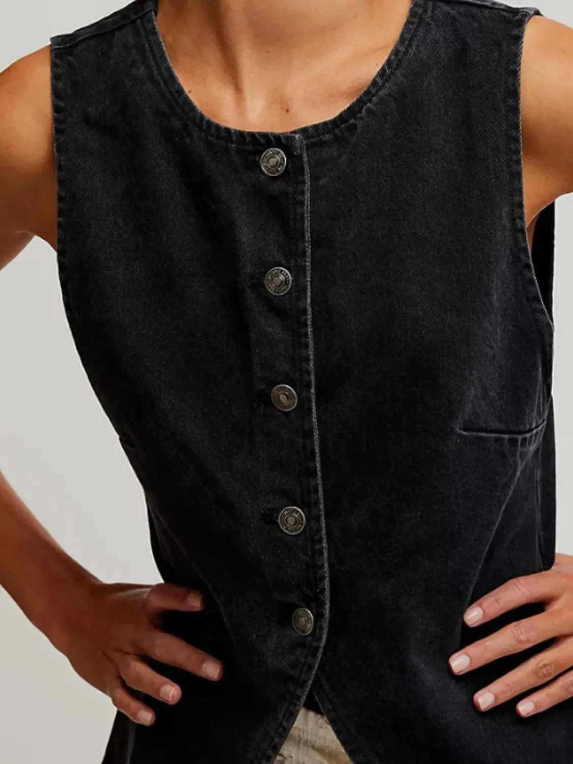 Button Down Round Neck Denim Vest sold by Charming Charlie product image thumbnail 2
