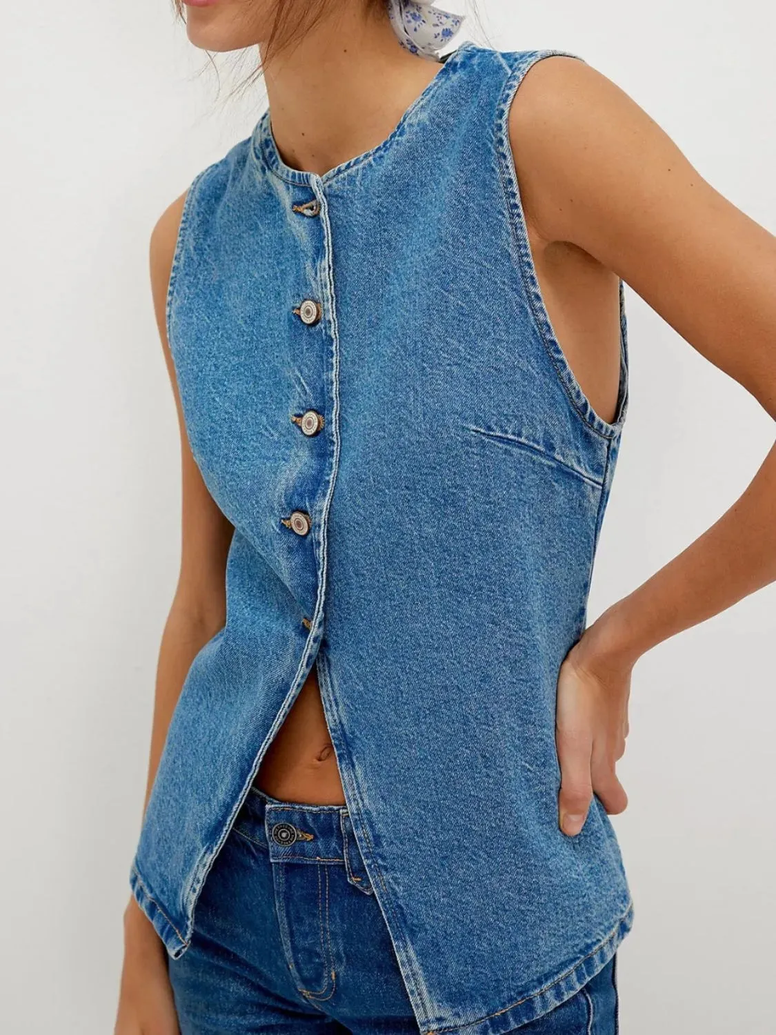 Button Down Round Neck Denim Vest sold by Charming Charlie product image thumbnail 5