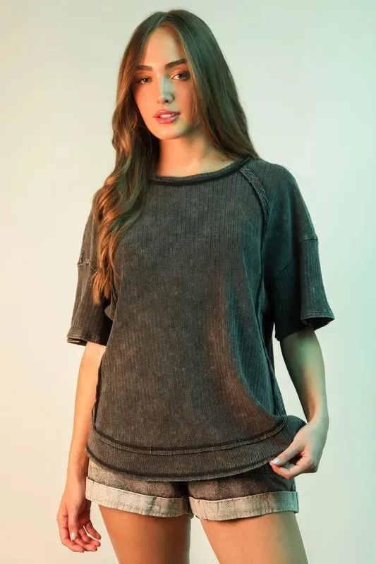 VERY J Mineral Washed Ribbed Knit Casual Top sold by Charming Charlie