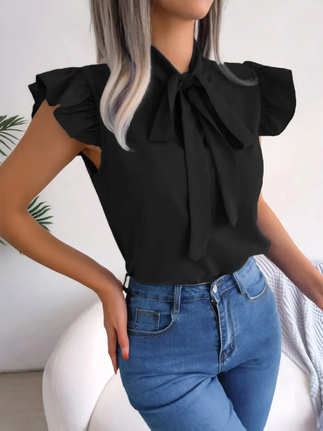 Ruffled Tie Neck Cap Sleeve Blouse sold by Charming Charlie product image thumbnail 5
