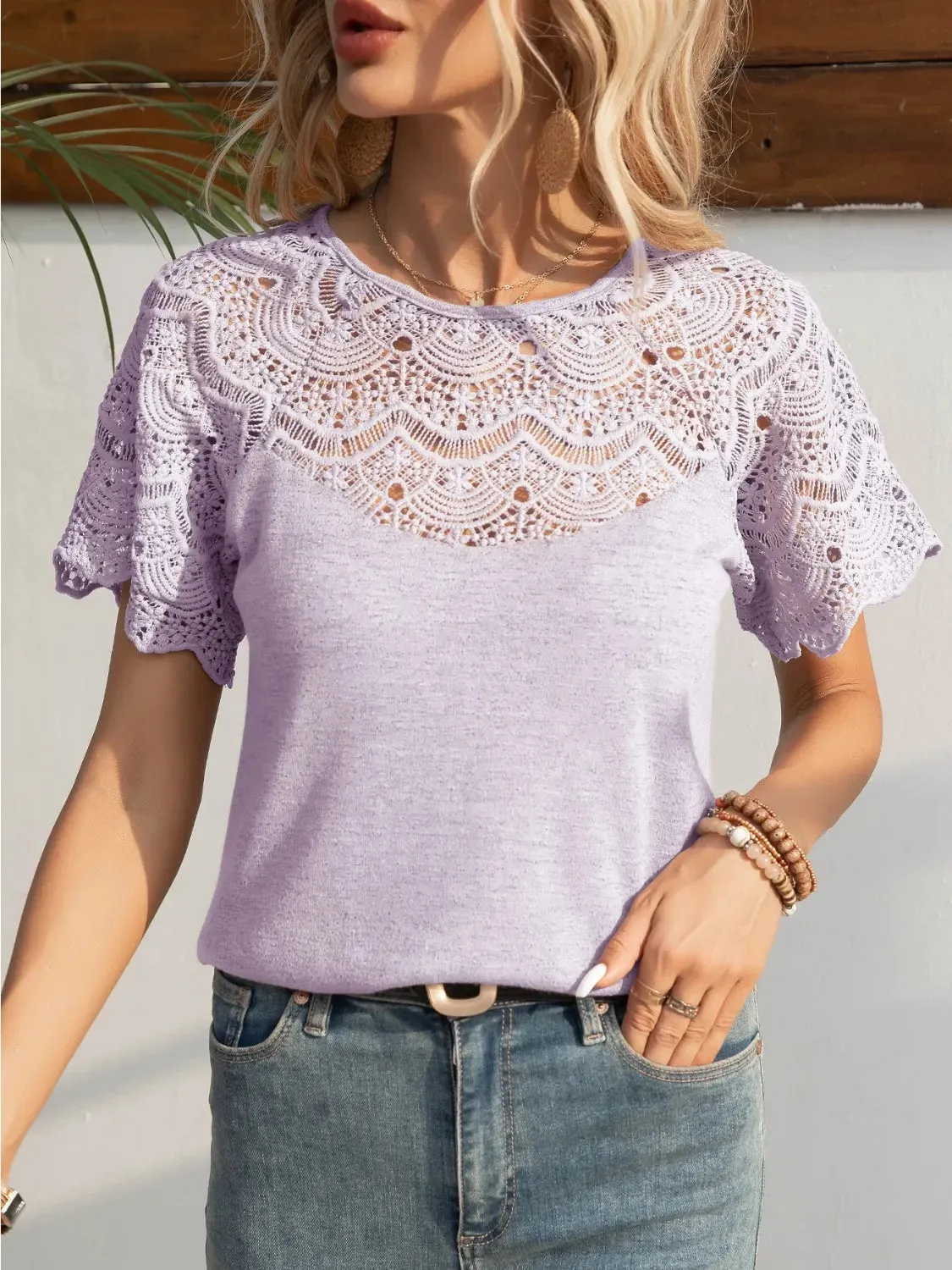 Round Neck Short Sleeve Crochet Top sold by Charming Charlie