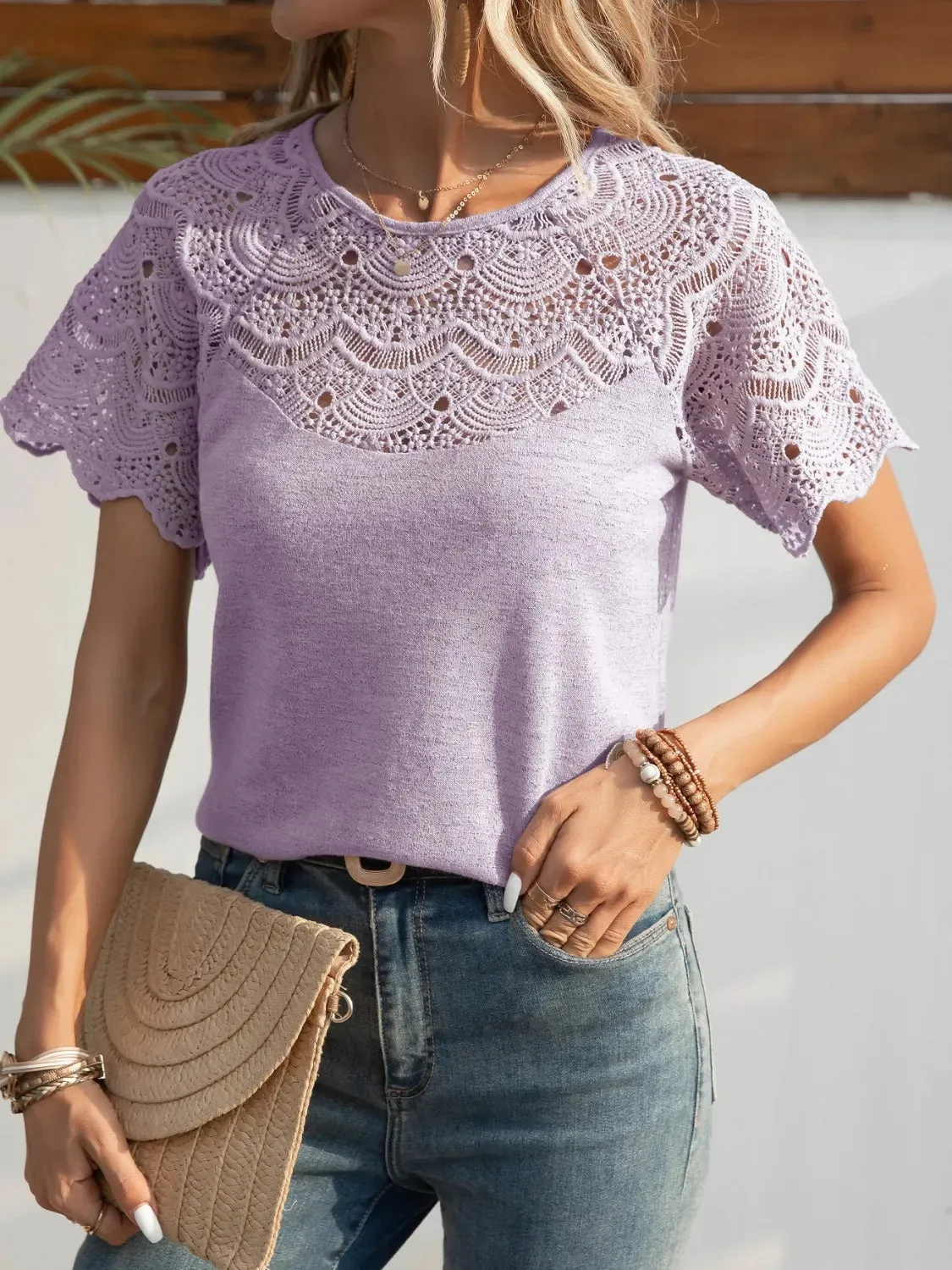 Round Neck Short Sleeve Crochet Top sold by Charming Charlie product image thumbnail 3