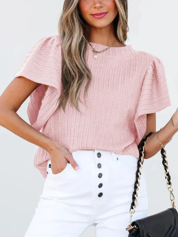 Round Neck Ruffle Sleeve Top sold by Charming Charlie