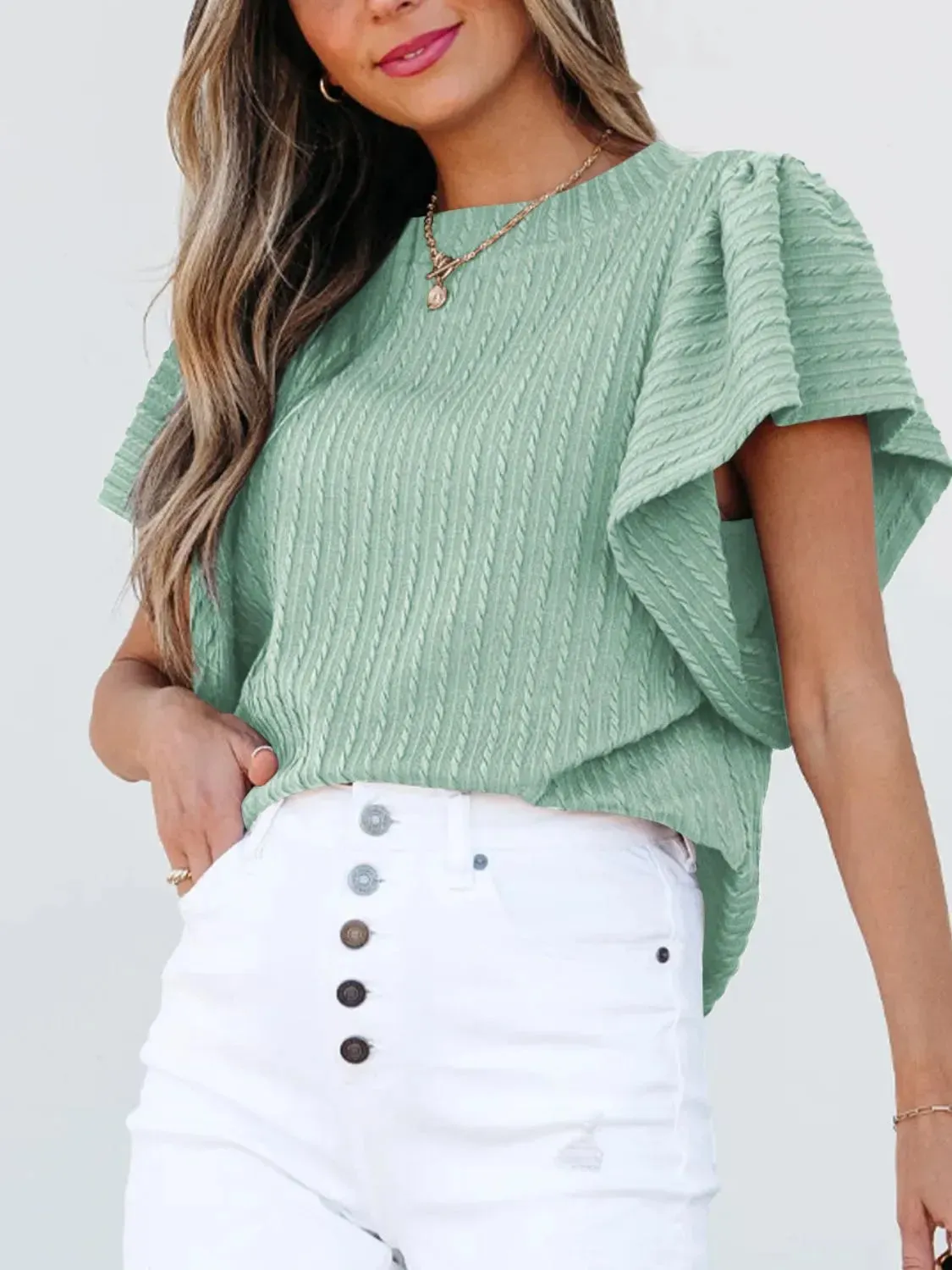 Round Neck Ruffle Sleeve Top sold by Charming Charlie product image thumbnail 5