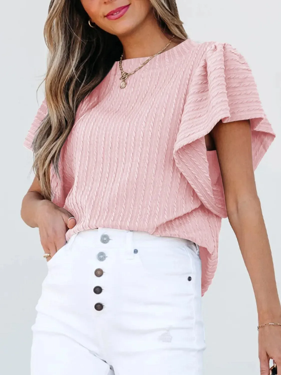 Round Neck Ruffle Sleeve Top sold by Charming Charlie product image thumbnail 2
