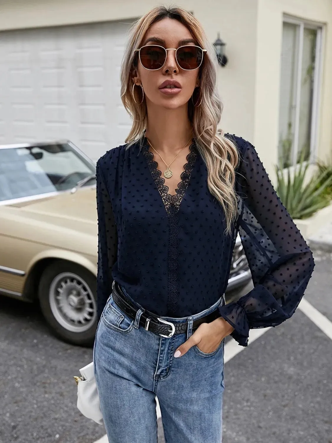 Lace Detail V-Neck Swiss Dot Blouse sold by Charming Charlie product image thumbnail 5